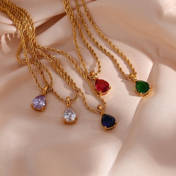 Zircon Water Drop Pendant Necklace Rope Chain 18K Gold Plated Birth Stone - Picture 5 of 6